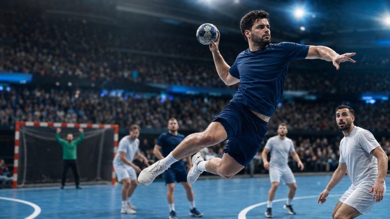 Joueur de handball en suspension lançant un tir durant un match international dans une grande salle comble