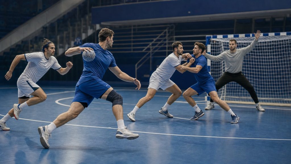 Joueurs de handball en action sur un terrain intérieur, avec un gardien devant le but et des joueurs de champ illustrant les différents postes.