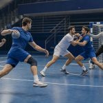 Joueurs de handball en action sur un terrain intérieur, avec un gardien devant le but et des joueurs de champ illustrant les différents postes.