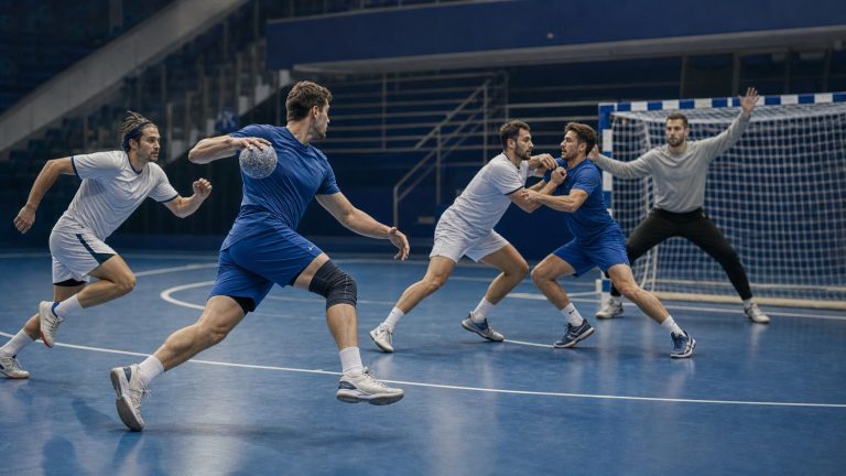 Joueurs de handball en action sur un terrain intérieur, avec un gardien devant le but et des joueurs de champ illustrant les différents postes.