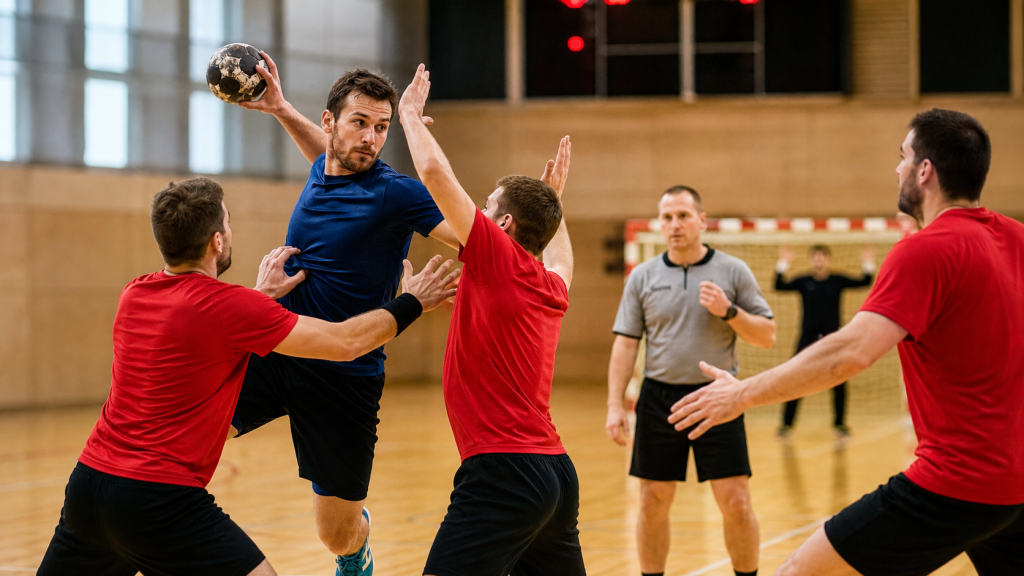 Match de handball en salle avec chronomètre et joueurs en action