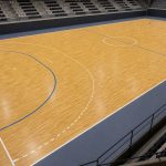 Vue panoramique photoréaliste d’un terrain de handball intérieur avec buts et marquages réglementaires visibles.