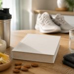 Livre vierge sur la nutrition sportive posé sur une table en bois avec shaker, flocons d’avoine, banane, amandes et chaussures de sport en arrière-plan.
