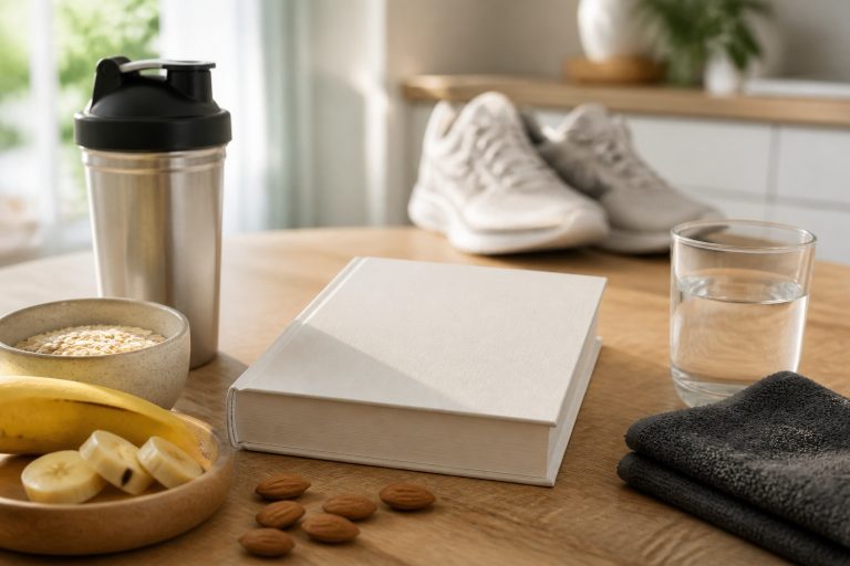 Livre vierge sur la nutrition sportive posé sur une table en bois avec shaker, flocons d’avoine, banane, amandes et chaussures de sport en arrière-plan.