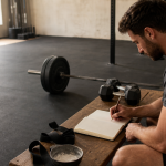 Athlète notant sa progression d’entraînement dans un carnet près d’une barre et d’haltères dans une salle de musculation moderne