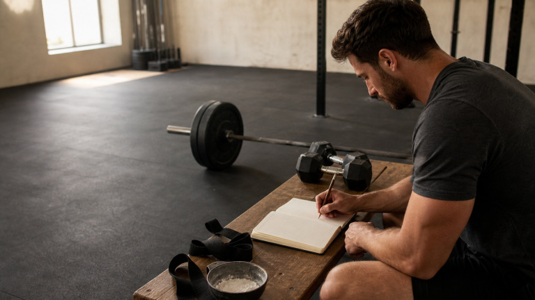 Athlète notant sa progression d’entraînement dans un carnet près d’une barre et d’haltères dans une salle de musculation moderne